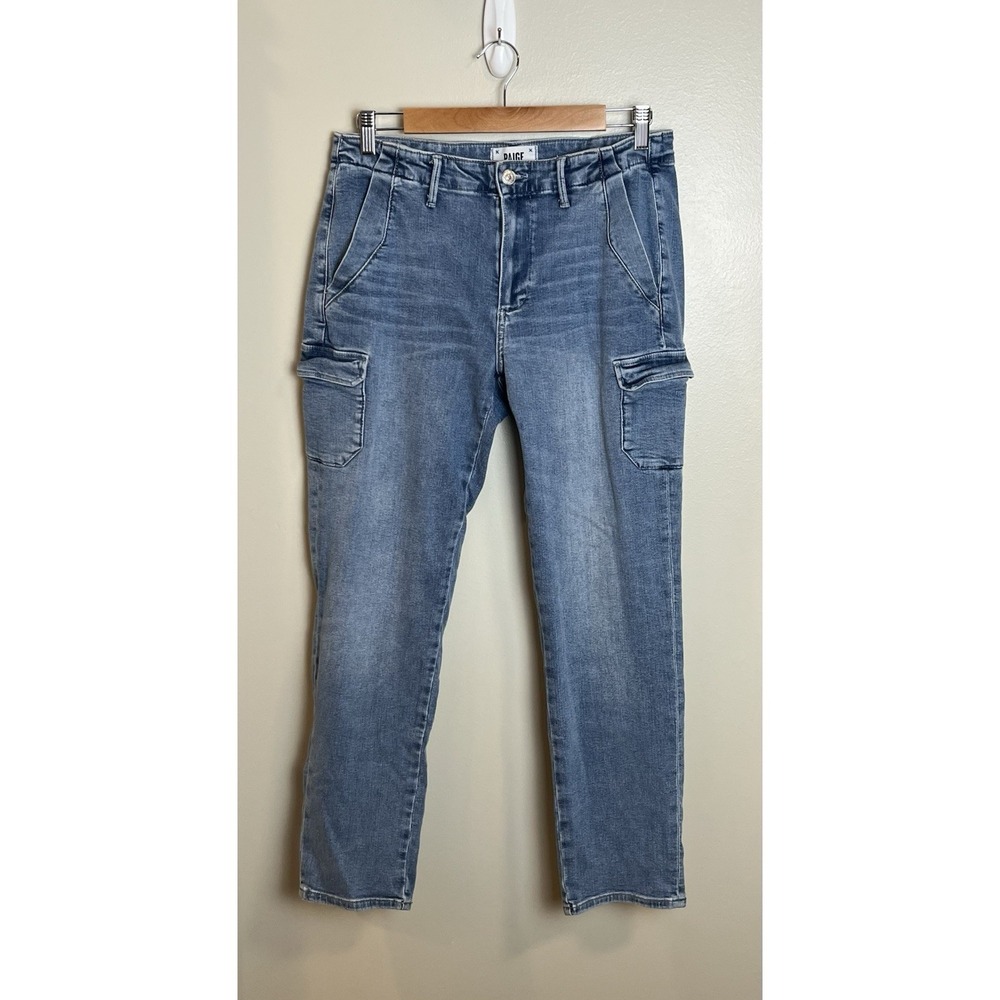 Paige Women's 28 Drew Cargo Pocket Jeans Utility Straight Leg Soft Stretch Blue